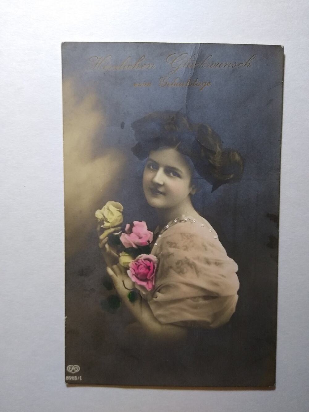 Edwardian Hand-Tinted Birthday Postcard - Elegant Woman with Roses, German
